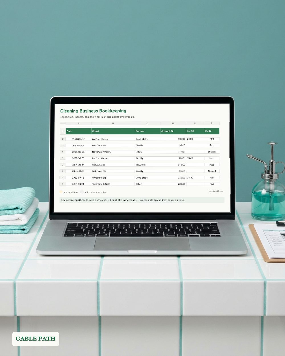 Cover image for Cleaning Business Bookkeeping Spreadsheet, Excel and Google Sheets, Job Client Mileage Tracker