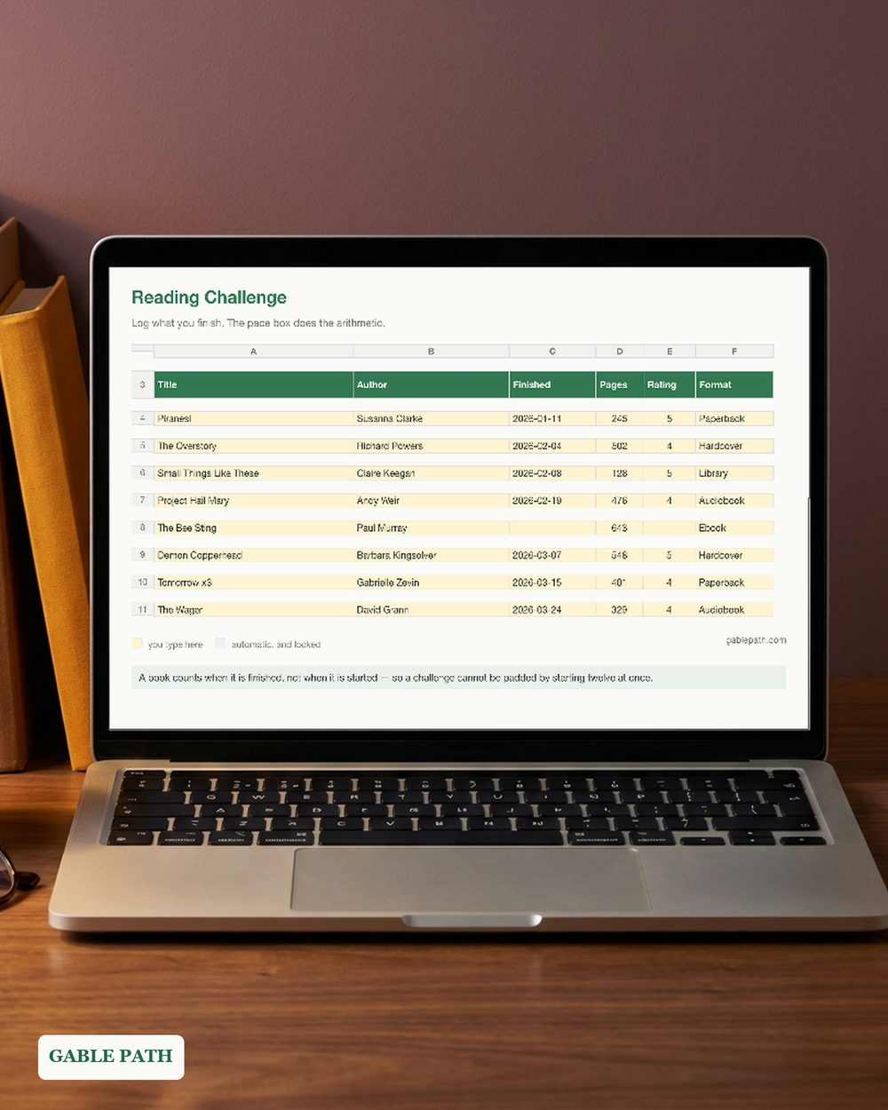 Cover image for Reading Challenge Tracker Spreadsheet, Excel and Google Sheets, Yearly Book Goal Pace
